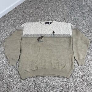 Vintage Roundtree & Yorke Sweater Mens Large Beige Fish 3D Knit USA Grandpa 90s